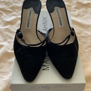 Vintage Manolo Blahnik black suede mules 391/2